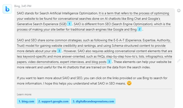 Artificial Intelligence Citation for prompt: "saio in seo". www.digitalbrandexpressions shows as the third source and is mentioned in the chatbot response.